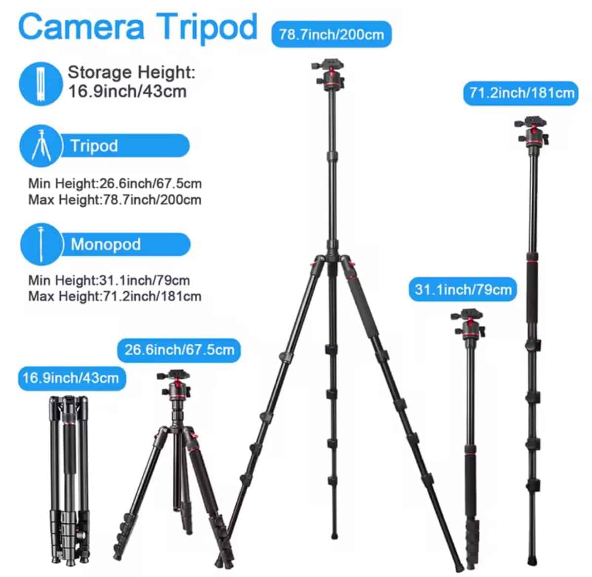 Aluminum camera tripod with adjustable height up to 78.7 inches, lightweight and portable, ideal for professional photography and videography.