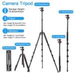 Aluminum camera tripod with adjustable height up to 78.7 inches, lightweight and portable, ideal for professional photography and videography.