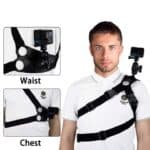 Camera chest harness for action cameras and GoPros, with adjustable straps for waist and chest fit, ideal for outdoor sports Vlog, hiking and biking.
