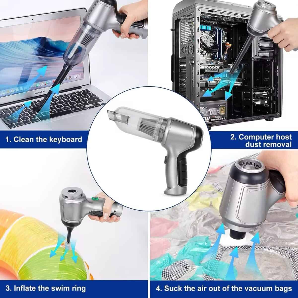 Vacuum cleaner for electronics and computer cleaning, multi-purpose dust removal tool, screen and keyboard cleaner, portable vacuum for electronic devices, tech cleaning and dust extraction device.