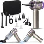 Battery-powered portable vacuum cleaner and accessories, including attachments and charging cable, for efficient car cleaning and home use. Perfect for quick cleanups and detailed dusting.