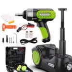 Rechargeable electric impact wrench with accessories, battery pack, and carrying case for automotive and DIY tasks. Perfect for fast, efficient lug nut removal and tire changes.