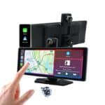 Car dash cam with dual lenses, touchscreen GPS navigation, and voice control system for vehicle security and driving assistance.