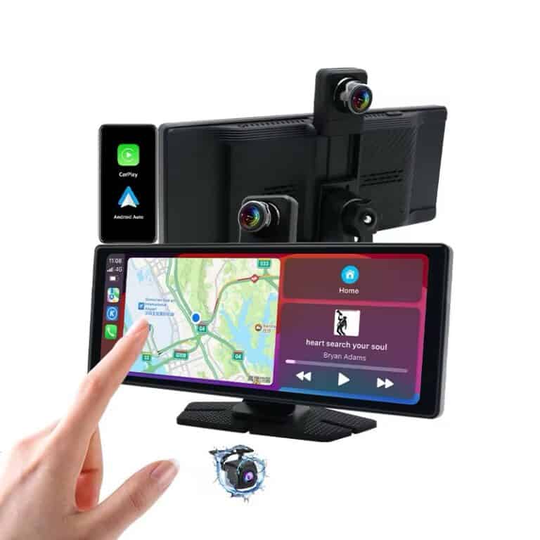 Car dash cam with dual lenses, touchscreen GPS navigation, and voice control system for vehicle security and driving assistance.