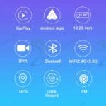 Car stereo system features: CarPlay, Android Auto, 10.26 inch display, DVR, Bluetooth, WiFi 2.4G+5.8G, GPS, Loop Record, FM radio for car entertainment.