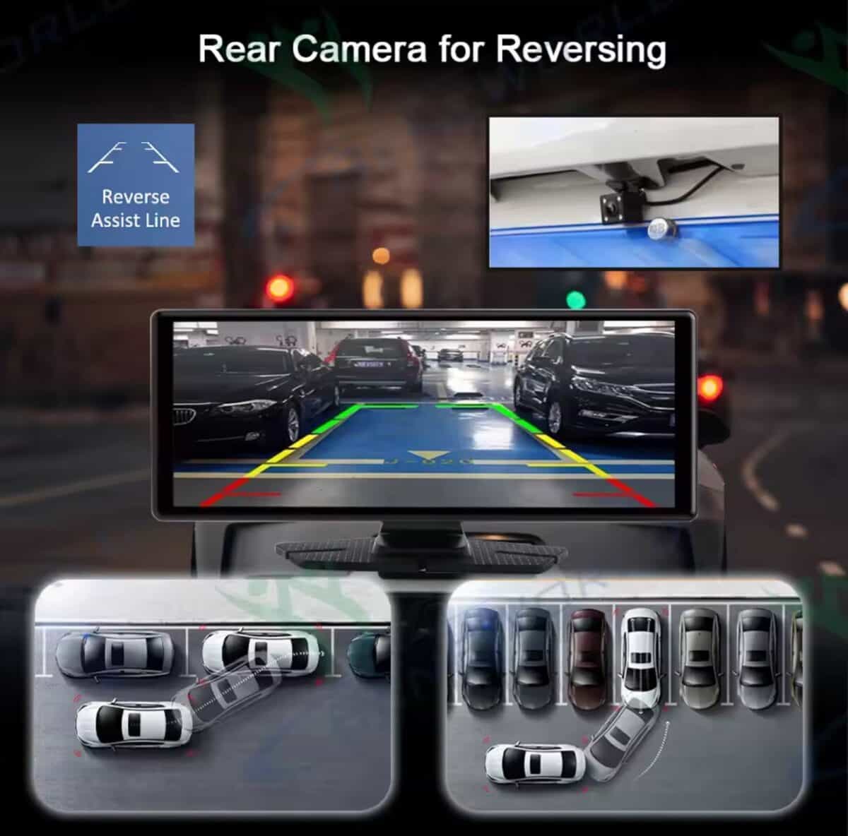 Rear view parking camera system with reverse assist line and 360-degree bird's-eye view for safe vehicle parking.