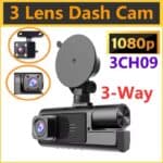 3 lens dash cam for cars with 1080p HD video recording, 3CH09, 3-way recording, and enhanced security features. Perfect for vehicle safety and driving recording needs.