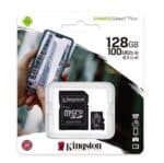 128 GB microSD card with 100MB/s transfer speed, compatible with Android devices for high-capacity storage and fast data transfer.