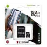 128 GB microSD card with 100MB/s transfer speed, compatible with Android devices for high-capacity storage and fast data transfer.
