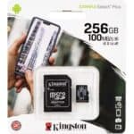 256GB microSD card for high-capacity storage, perfect for smartphones and cameras, with fast 100MB/s transfer speed.