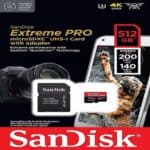SanDisk Extreme PRO microSDXC UHS-I card with adapter, 512GB, high-speed storage for cameras and smartphones, 4K UHD compatible, fast read/write speeds, ideal for professional use.