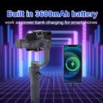Built-in 3600mAh battery power bank for smartphone charging, portable smartphone stabilizer with charging capability, ideal for content creators and travelers.