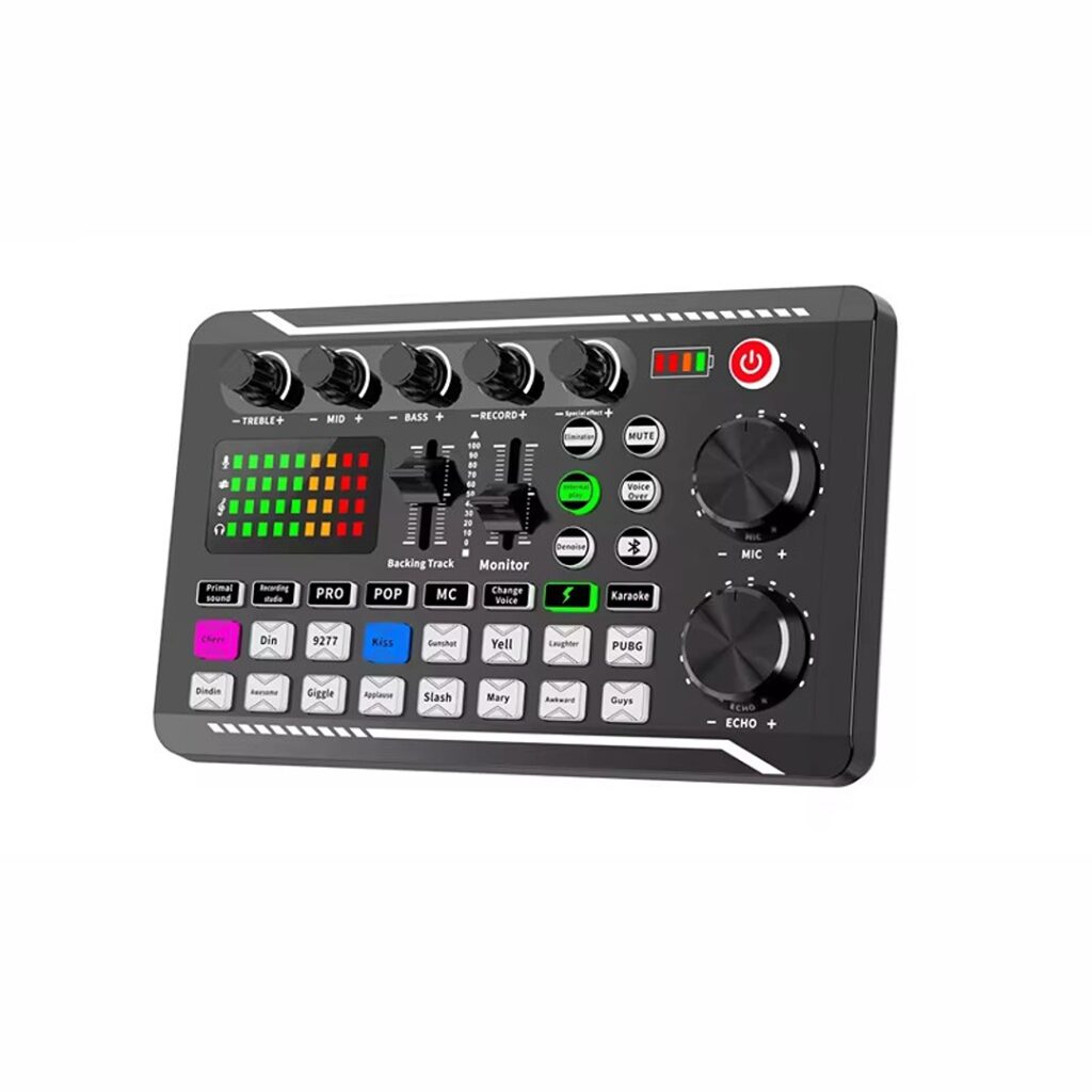 Audio mixer controller for live music and recordings, portable DJ sound interface with multiple knobs, buttons, and LED indicators, perfect for DJs, musicians, and content creators.