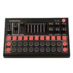 Portable live sound card with microphone input, sound mixing controls, and special effects for gaming and streaming, ideal for content creators and performers.