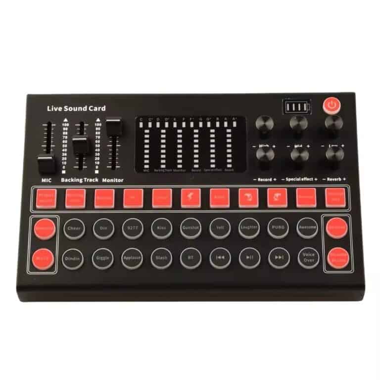 Portable live sound card with microphone input, sound mixing controls, and special effects for gaming and streaming, ideal for content creators and performers.