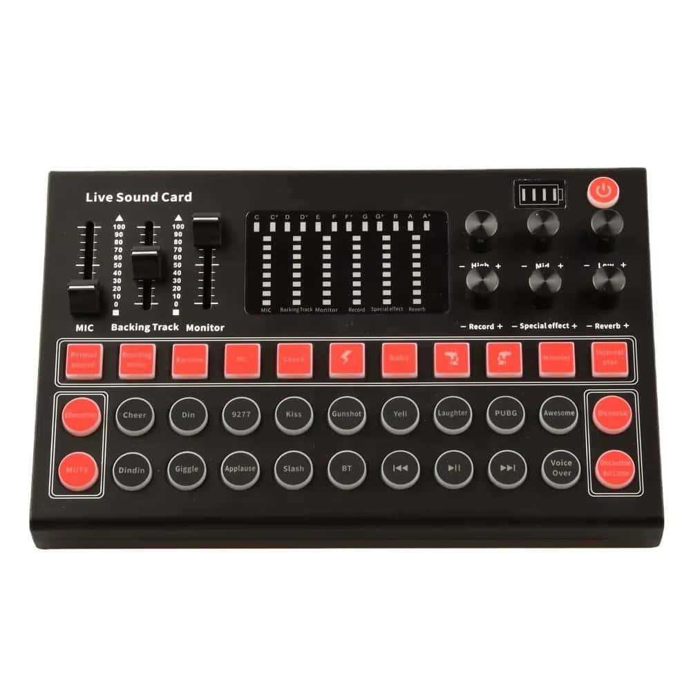 Portable live sound card with microphone input, sound mixing controls, and special effects for gaming and streaming, ideal for content creators and performers.