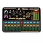 High-tech mixing and DJ controller equipment with colorful buttons and sliders for music, voice, and sound effects, ideal for professional audio mixing and entertainment purposes.
