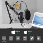 Microphone with pop filter and adjustable arm for podcast recording or streaming.