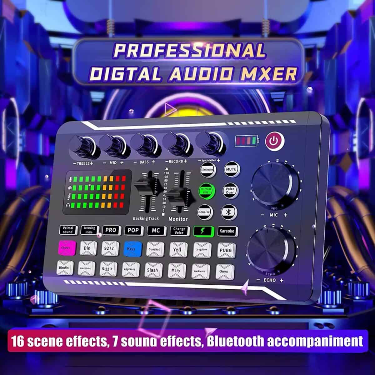 Digital audio mixer with 16 scene effects, 7 sound effects, and Bluetooth connectivity, ideal for professional DJ setups and audio production. Perfect for enhancing sound quality and live performances.