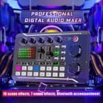 Digital audio mixer with 16 scene effects, 7 sound effects, and Bluetooth connectivity, ideal for professional DJ setups and audio production. Perfect for enhancing sound quality and live performances.