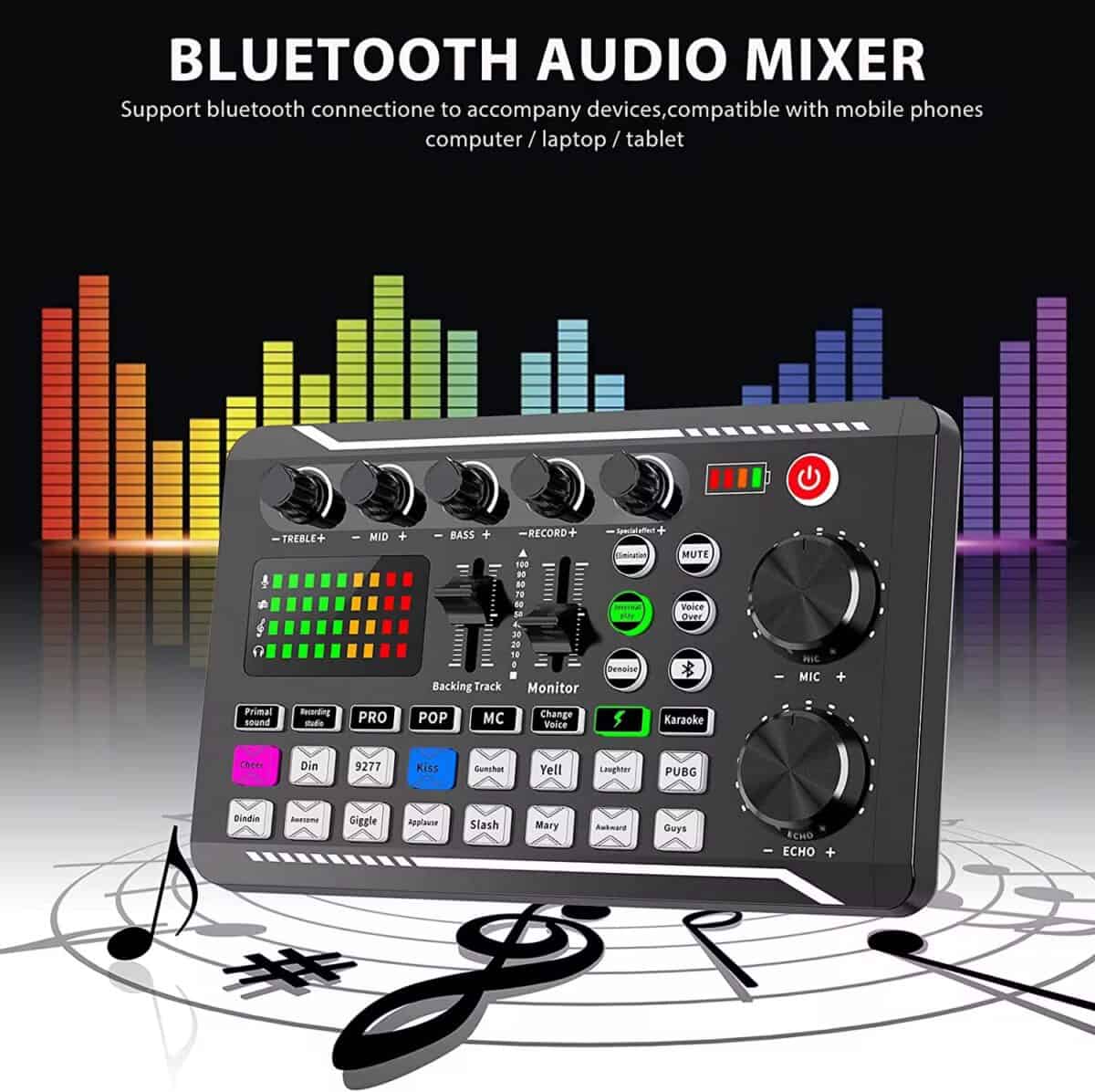 Bluetooth audio mixer with colorful sound level display, knobs, and buttons for enhancing music and microphone sound quality. Perfect for home, karaoke, or studio use.