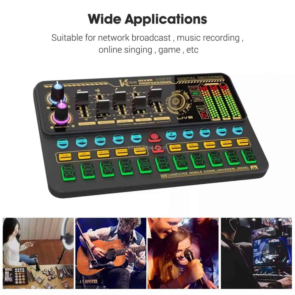 USB digital music recorder and mixer console with colorful LED indicators, ideal for online singing, gaming, and network broadcasting.