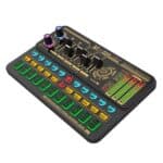 HDLB DJ Mixer Controller with RGB Lighting, Sound Level Meters, and Multi-Functional Buttons for Professional Audio Mixing and Live Performances.