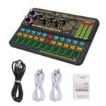 Professional DJ mixer controller with colorful LED lights, audio cables, and user manual, perfect for music mixing and entertainment. Ideal for DJs and music enthusiasts.