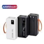 Power Bank with 60000mAh capacity for portable charging, ideal for travel and emergencies. High-capacity external battery packs available in black and white with digital displays.