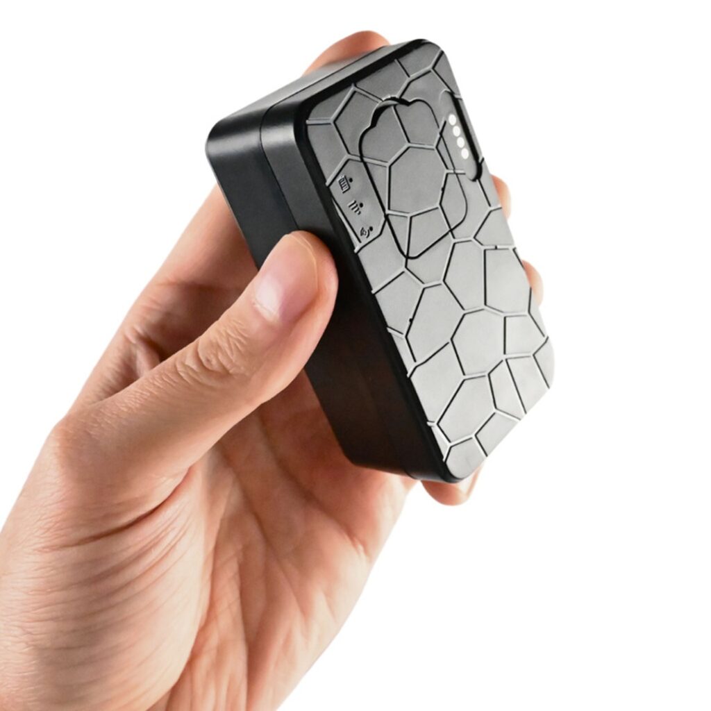 Rechargeable portable GPS tracker with honeycomb design, ideal for personal safety, tracking, and security applications. Perfect for travel, outdoor activities, and vehicle tracking.